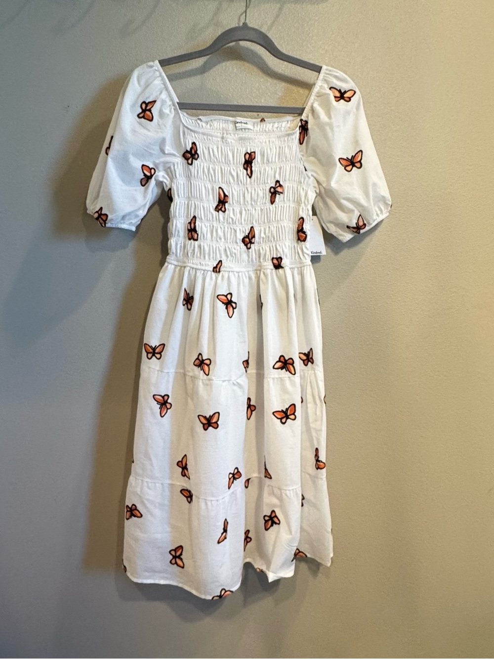 Kindred Anthropologie White Midi Dress with Orange Butterfly Print